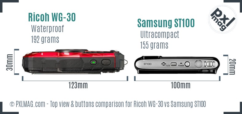 Ricoh WG-30 vs Samsung ST100 top view buttons comparison