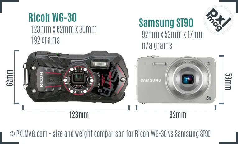 Ricoh WG-30 vs Samsung ST90 size comparison