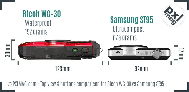 Ricoh WG-30 vs Samsung ST95 top view buttons comparison Ricoh WG-30 vs Samsung ST95 top view buttons comparison