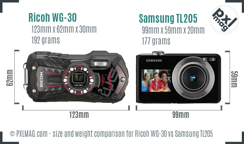 Ricoh WG-30 vs Samsung TL205 size comparison