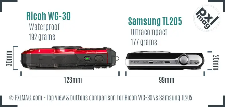 Ricoh WG-30 vs Samsung TL205 top view buttons comparison