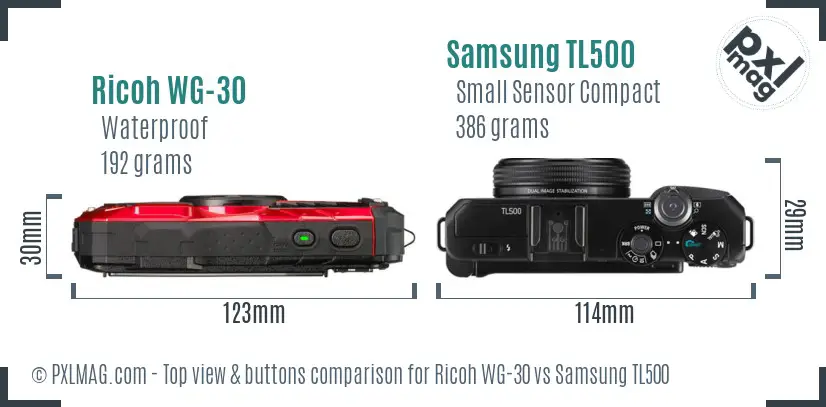 Ricoh WG-30 vs Samsung TL500 top view buttons comparison
