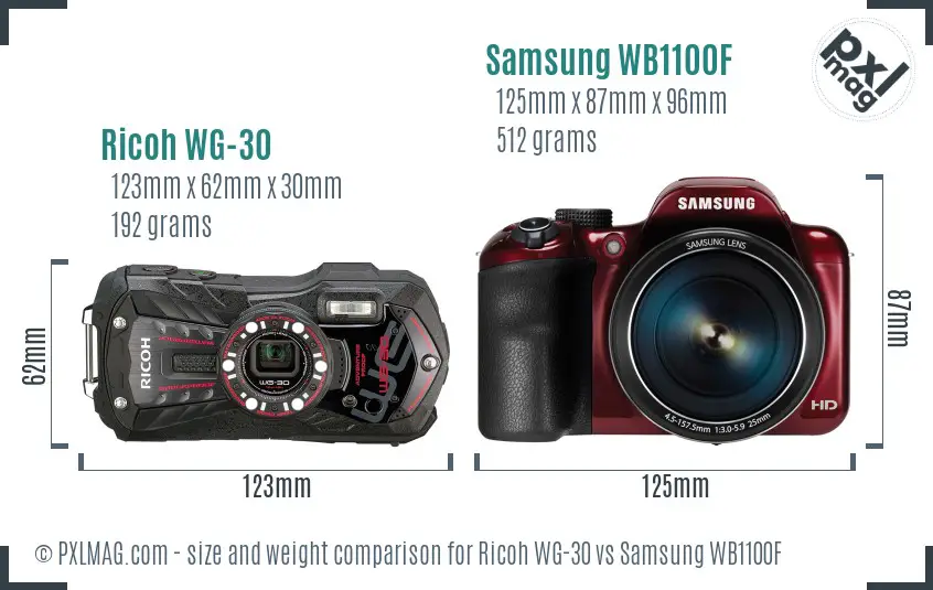 Ricoh WG-30 vs Samsung WB1100F size comparison