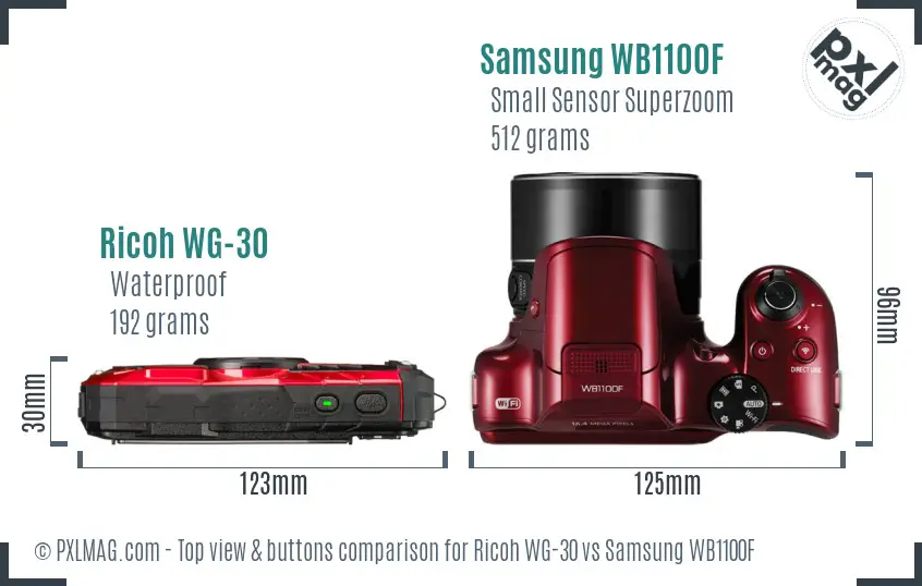 Ricoh WG-30 vs Samsung WB1100F top view buttons comparison