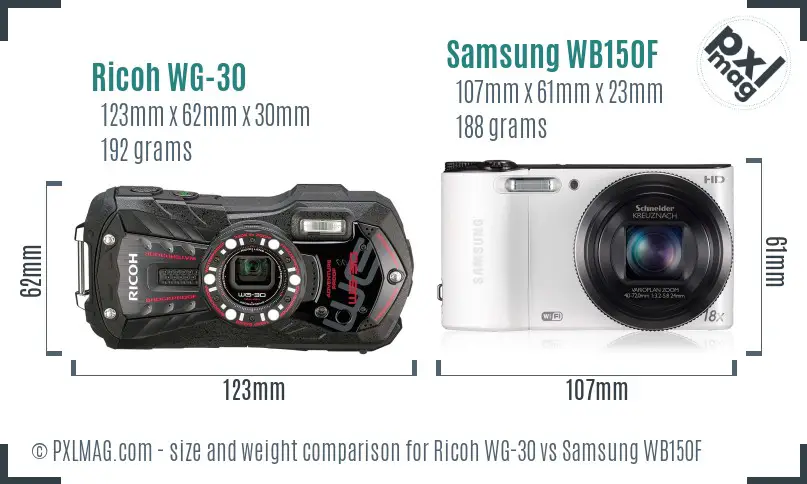 Ricoh WG-30 vs Samsung WB150F size comparison