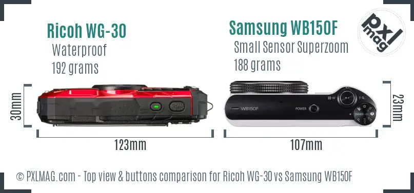 Ricoh WG-30 vs Samsung WB150F top view buttons comparison