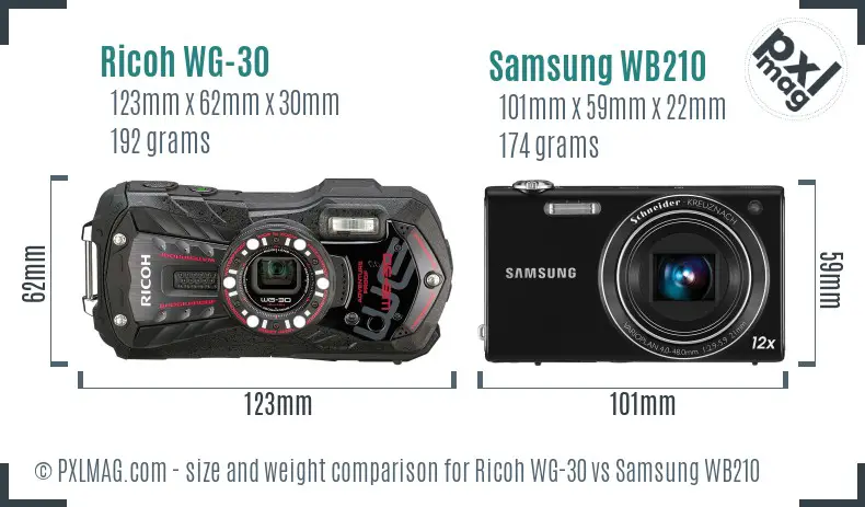 Ricoh WG-30 vs Samsung WB210 size comparison