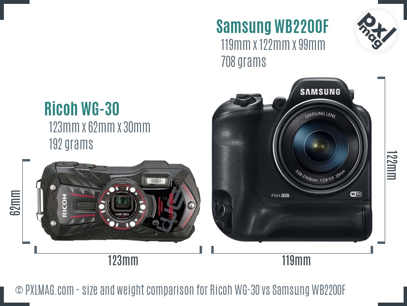 Ricoh WG-30 vs Samsung WB2200F size comparison