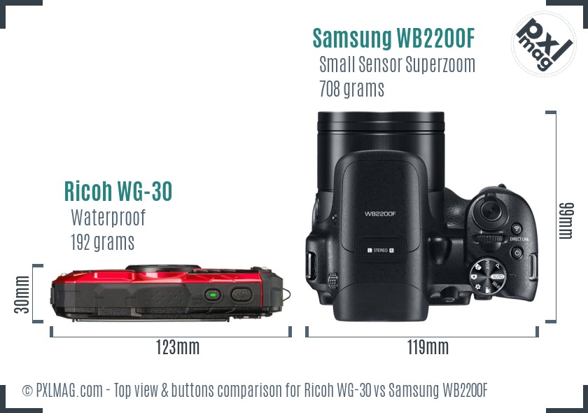 Ricoh WG-30 vs Samsung WB2200F top view buttons comparison