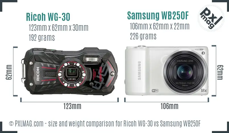 Ricoh WG-30 vs Samsung WB250F size comparison