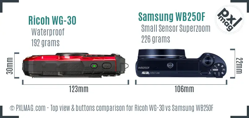 Ricoh WG-30 vs Samsung WB250F top view buttons comparison