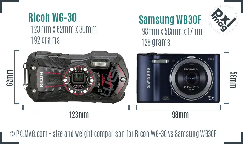 Ricoh WG-30 vs Samsung WB30F size comparison