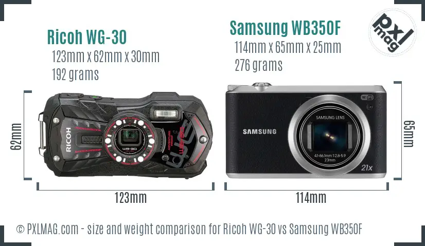 Ricoh WG-30 vs Samsung WB350F size comparison