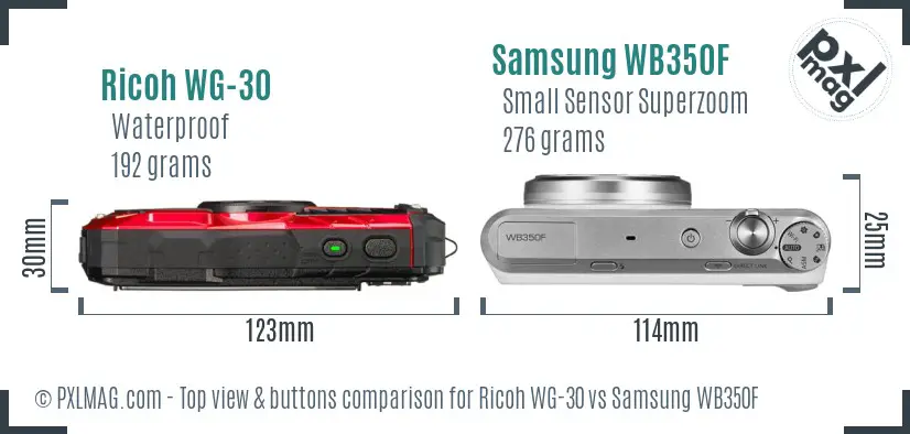 Ricoh WG-30 vs Samsung WB350F top view buttons comparison