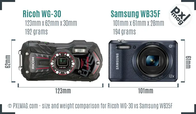 Ricoh WG-30 vs Samsung WB35F size comparison