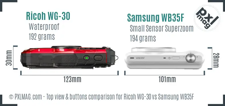 Ricoh WG-30 vs Samsung WB35F top view buttons comparison