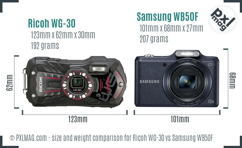 Ricoh WG-30 vs Samsung WB50F size comparison