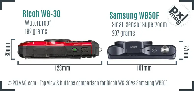 Ricoh WG-30 vs Samsung WB50F top view buttons comparison
