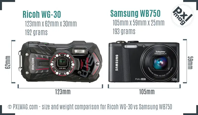 Ricoh WG-30 vs Samsung WB750 size comparison