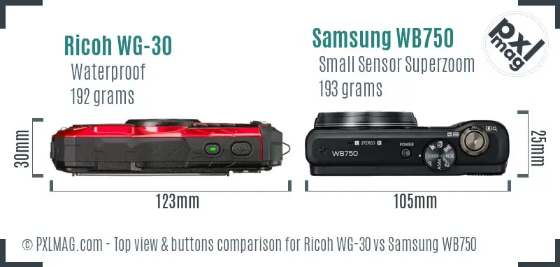 Ricoh WG-30 vs Samsung WB750 top view buttons comparison