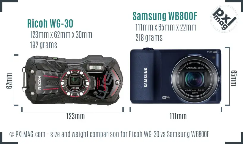 Ricoh WG-30 vs Samsung WB800F size comparison