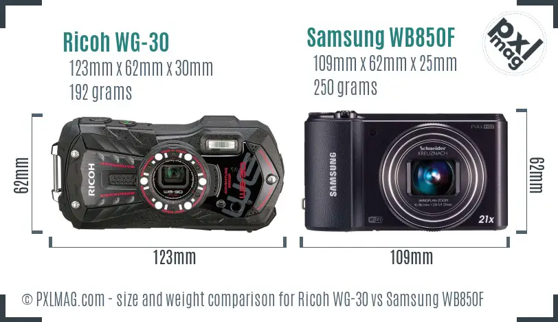 Ricoh WG-30 vs Samsung WB850F size comparison