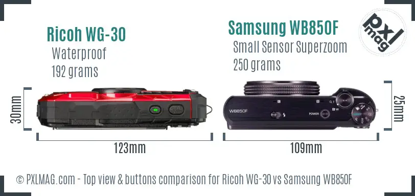 Ricoh WG-30 vs Samsung WB850F top view buttons comparison
