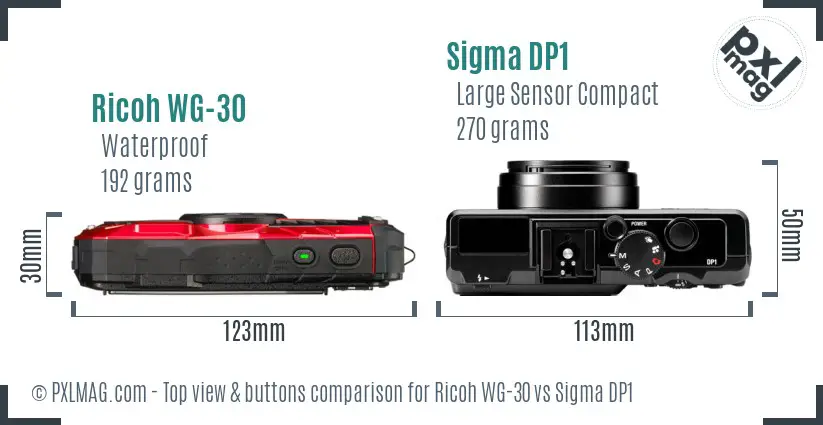 Ricoh WG-30 vs Sigma DP1 top view buttons comparison