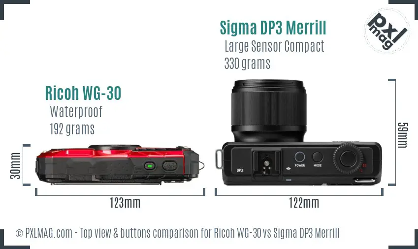 Ricoh WG-30 vs Sigma DP3 Merrill top view buttons comparison