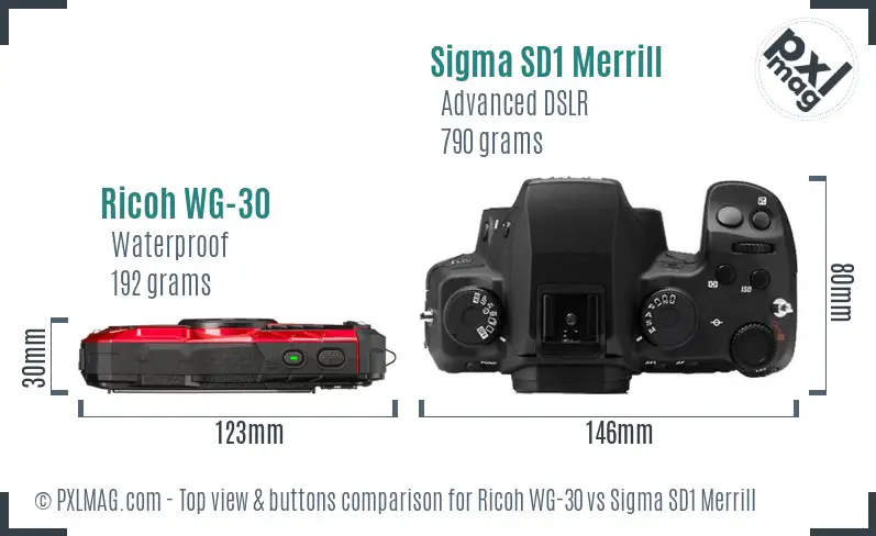 Ricoh WG-30 vs Sigma SD1 Merrill top view buttons comparison