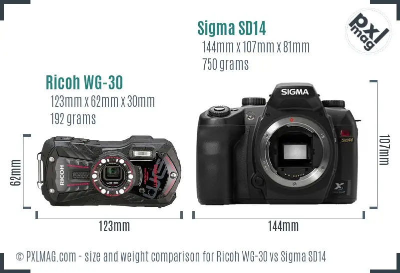 Ricoh WG-30 vs Sigma SD14 size comparison