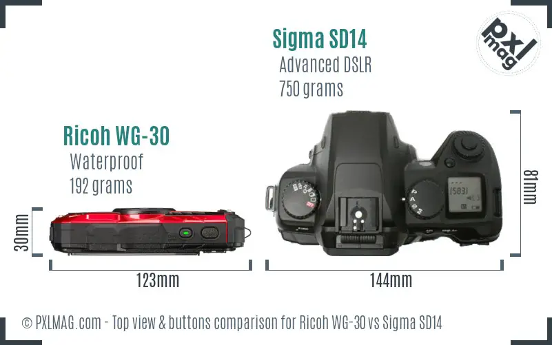 Ricoh WG-30 vs Sigma SD14 top view buttons comparison