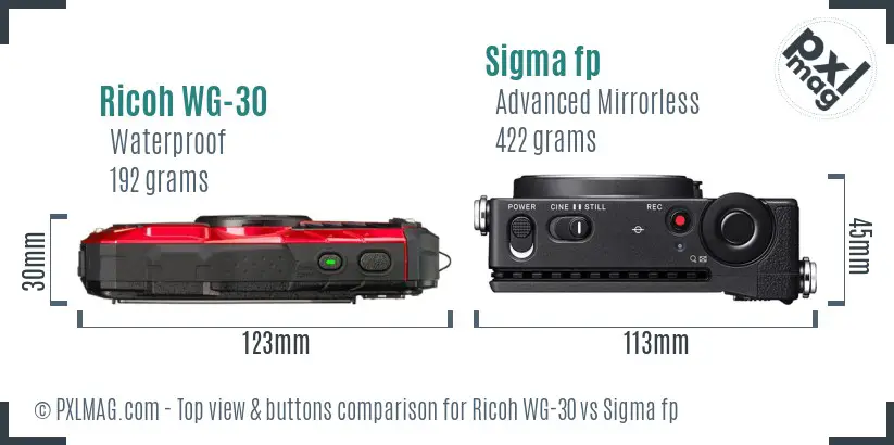 Ricoh WG-30 vs Sigma fp top view buttons comparison