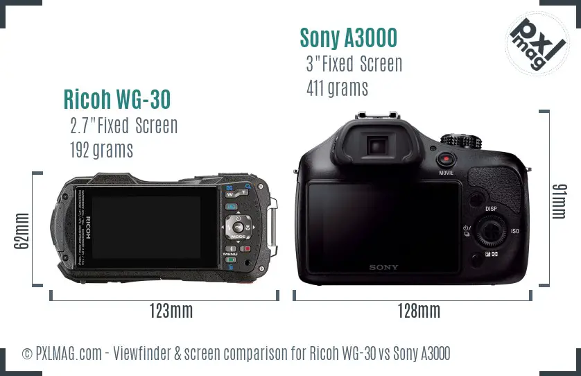 Ricoh WG-30 vs Sony A3000 Screen and Viewfinder comparison
