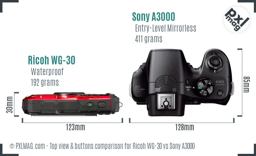 Ricoh WG-30 vs Sony A3000 top view buttons comparison