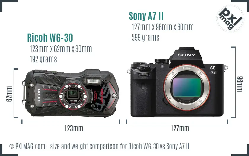 Ricoh WG-30 vs Sony A7 II size comparison