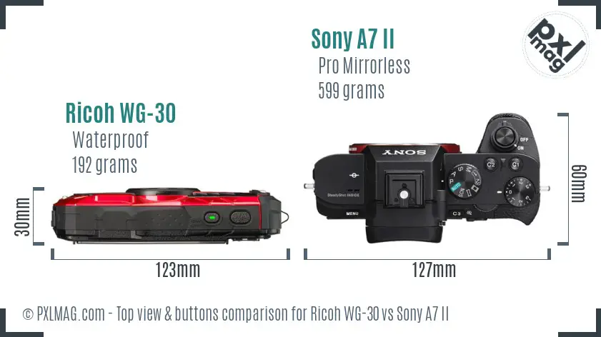 Ricoh WG-30 vs Sony A7 II top view buttons comparison