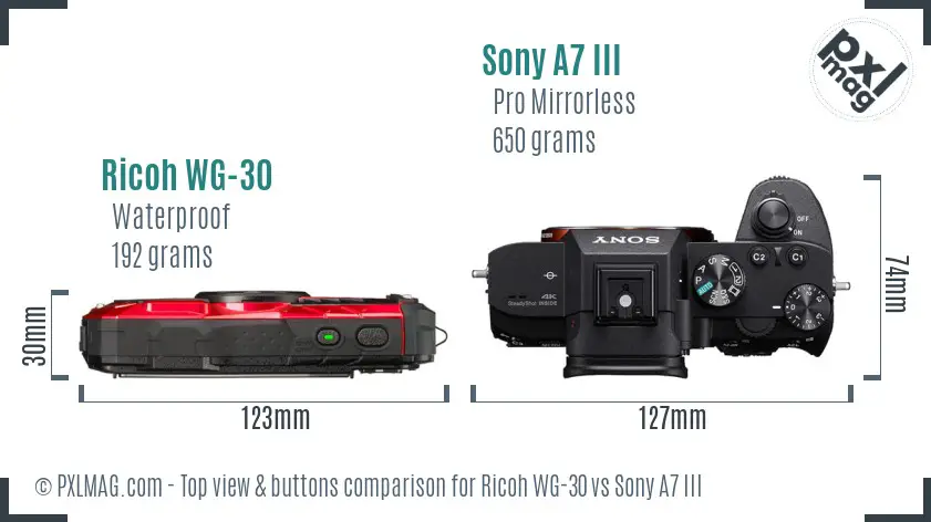 Ricoh WG-30 vs Sony A7 III top view buttons comparison