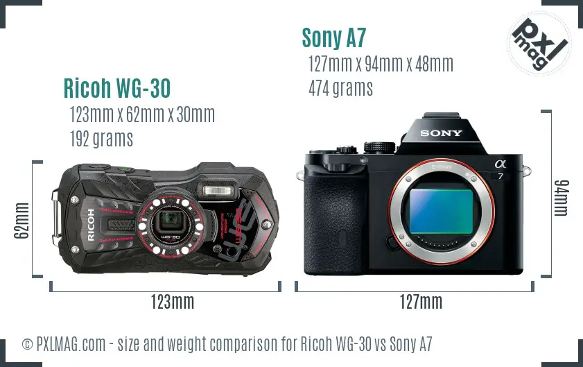 Ricoh WG-30 vs Sony A7 size comparison