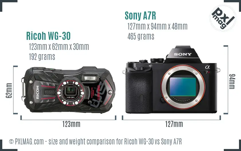Ricoh WG-30 vs Sony A7R size comparison