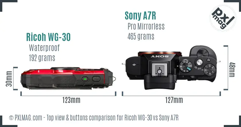 Ricoh WG-30 vs Sony A7R top view buttons comparison