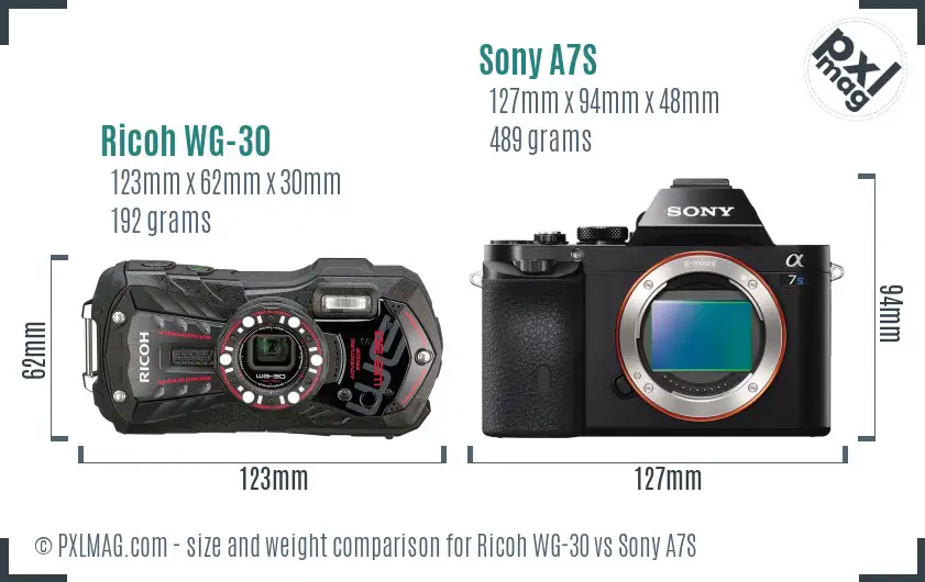 Ricoh WG-30 vs Sony A7S size comparison