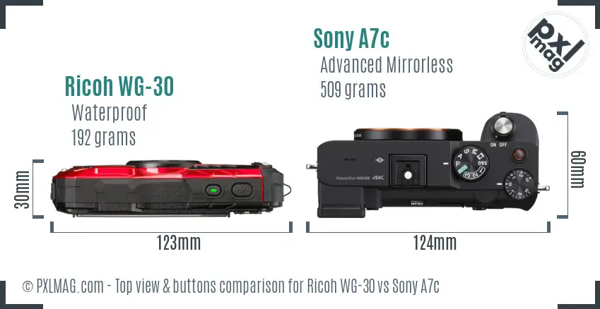 Ricoh WG-30 vs Sony A7c top view buttons comparison
