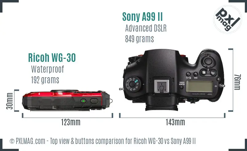 Ricoh WG-30 vs Sony A99 II top view buttons comparison