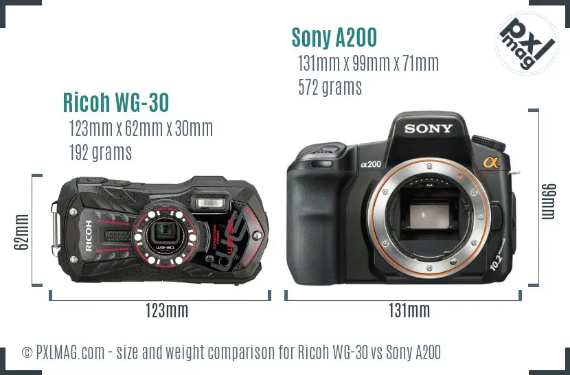 Ricoh WG-30 vs Sony A200 size comparison