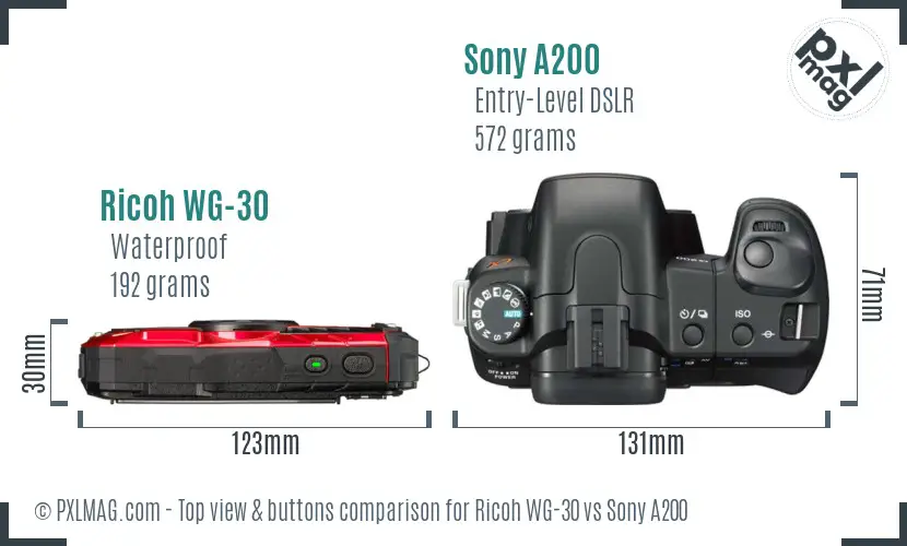 Ricoh WG-30 vs Sony A200 top view buttons comparison