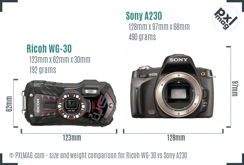 Ricoh WG-30 vs Sony A230 size comparison