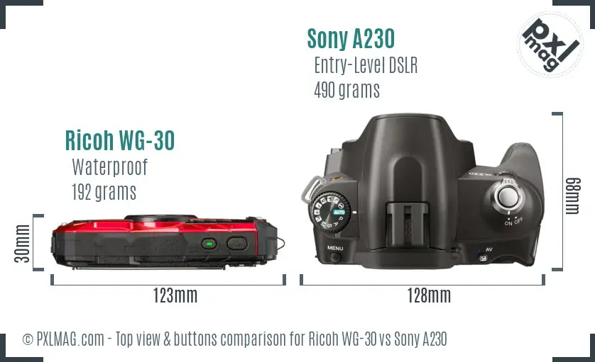 Ricoh WG-30 vs Sony A230 top view buttons comparison