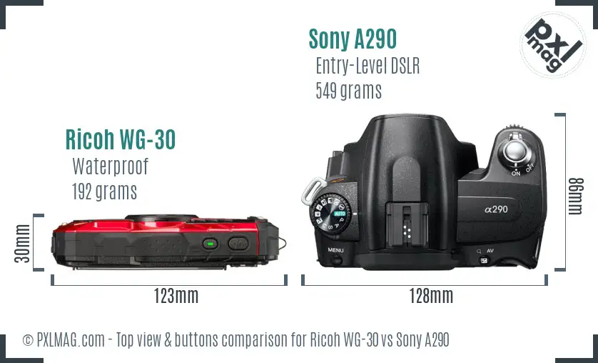 Ricoh WG-30 vs Sony A290 top view buttons comparison
