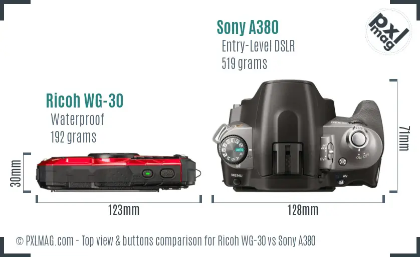 Ricoh WG-30 vs Sony A380 top view buttons comparison